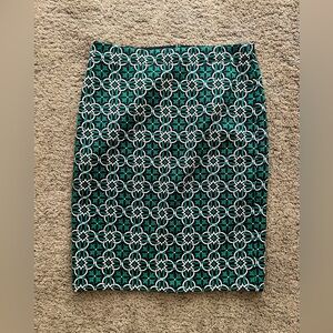 J Crew green print pencil skirt, Sz 2